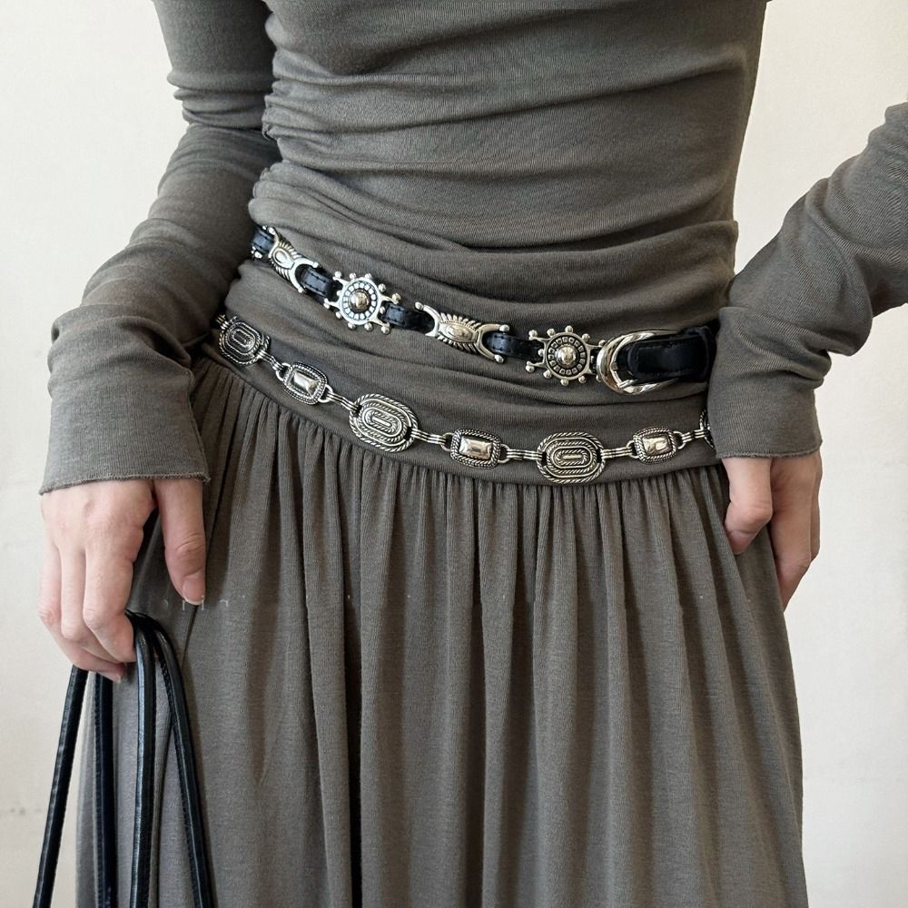 Y2K Ethnic Fashion - Sabuk Logam Ukiran Gaya Y2K, Sabuk