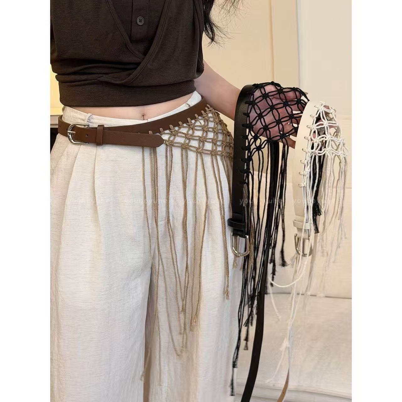 Y2K Ethnic Fashion - Ikat Pinggang Rajut Rumbai Y2K Kasual,