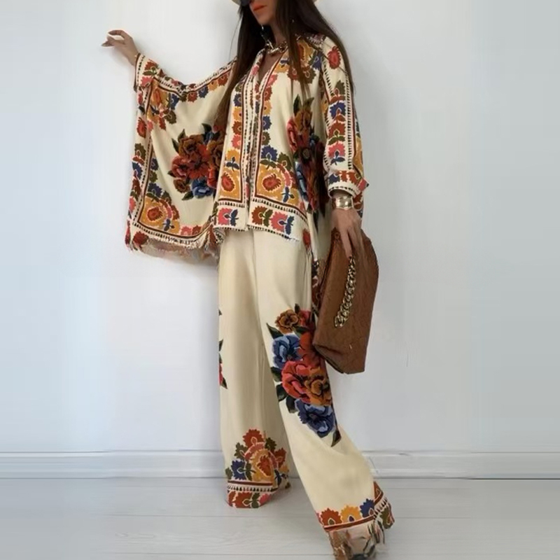 Ethnic Fashion For Ladies - Kemeja celana bercetak longgar mode Vintage
