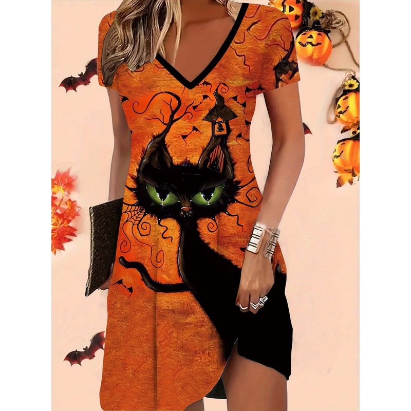 Y2K Ethnic Fashion - Cetakan Halloween dengan pola kepala kucing